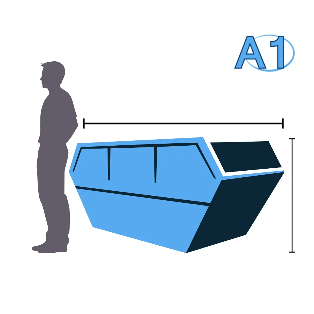 Illustration comparing skip size and height to a person, showing skip dimensions to help choose the right skip size for your project.