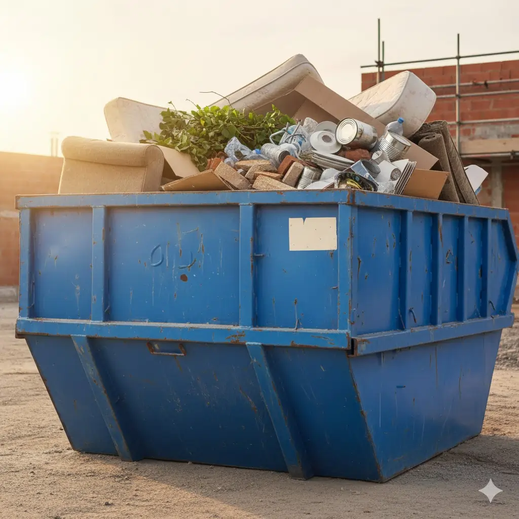 Mixed household and renovation waste that you can put in a skip, including furniture, plants, and packaging inside a blue skip