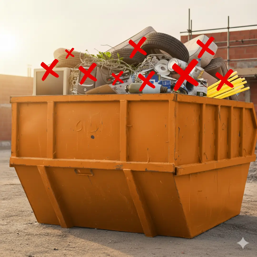 Items you can’t put in a skip, such as tyres, electronics, and hazardous materials, marked with red X's inside an orange skip