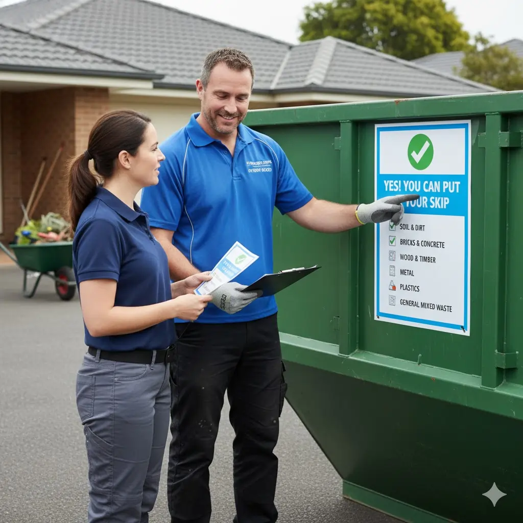 An A1 Budget Skips employee in uniform stands next to a skip and guides a homeowner on the correct types of waste permitted in the container.
