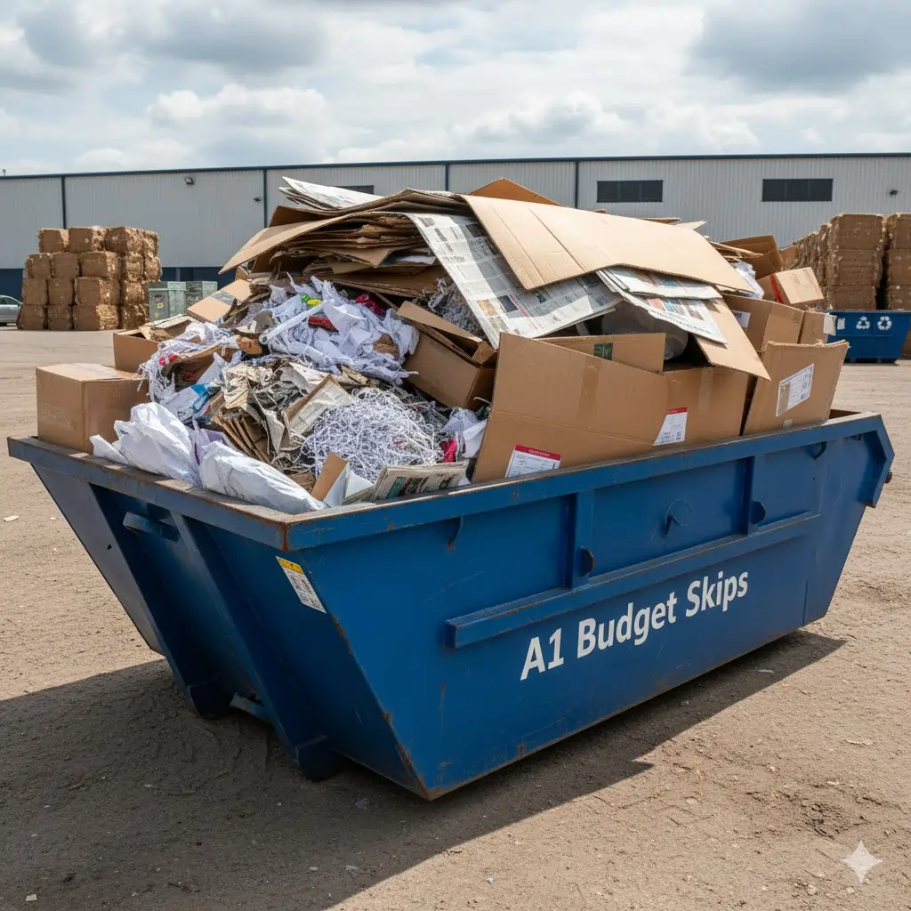 A blue A1 Budget Skips container, brimming with cardboard boxes, shredded paper, and office waste for recycling.