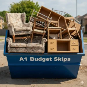 A large blue A1 Budget Skips container filled with old furniture like wooden chairs, a sofa, and a wardrobe ready for disposal.