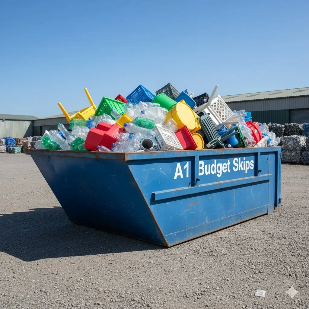 A blue A1 Budget Skips container, clearly branded, brimming with various plastic waste, including bottles, containers, and crates, under a clear sky.
