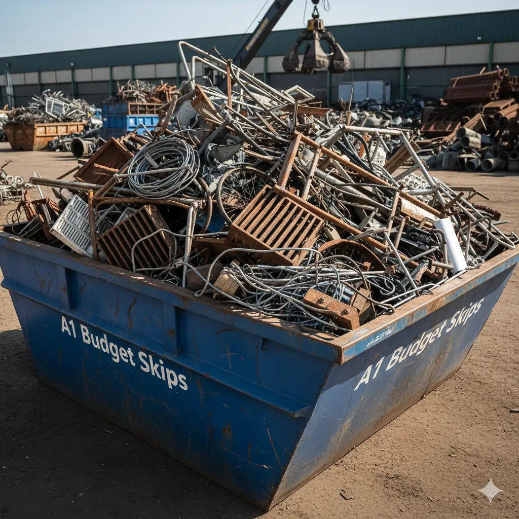 A blue A1 Budget Skips container, full of scrap metal items like radiators, tools, and pipes for recycling.