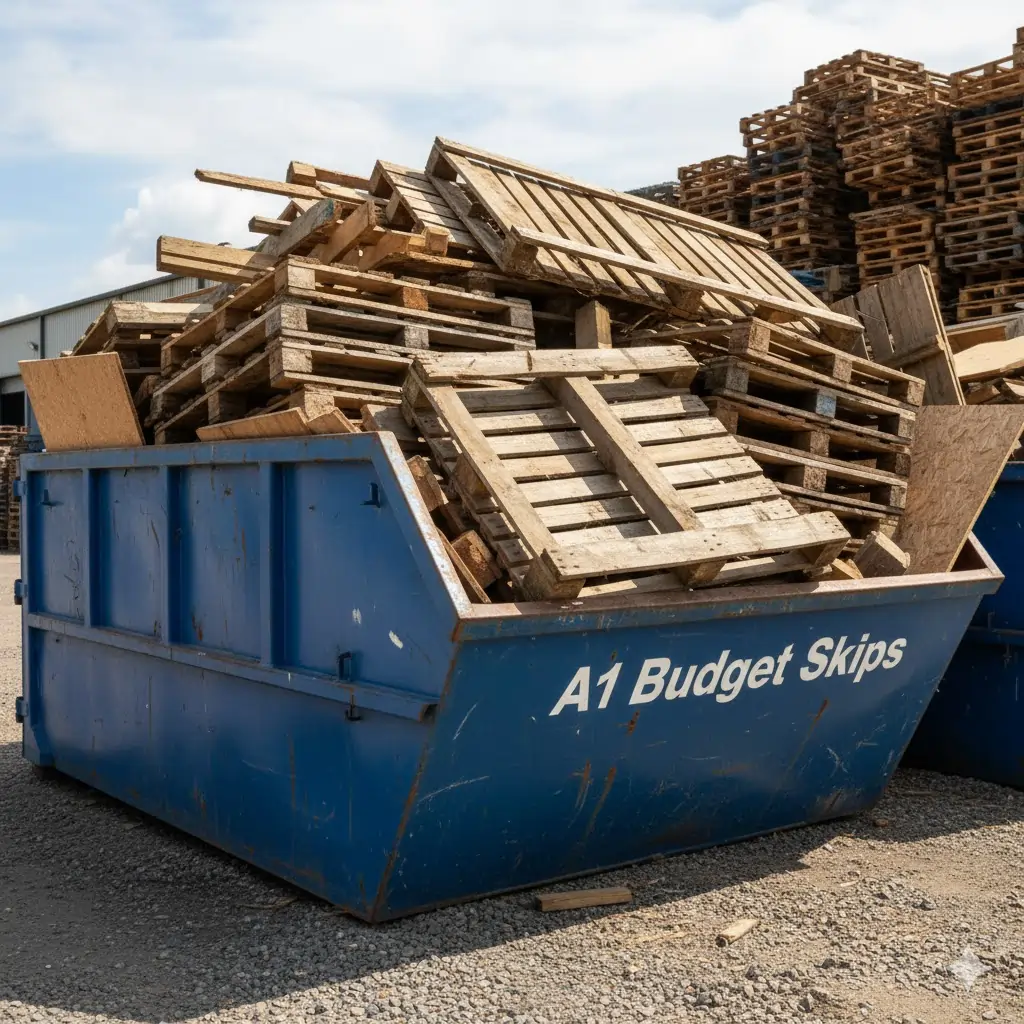 A blue A1 Budget Skips container prominently displayed, filled with various wood waste including pallets, timber beams, and plywood from a demolition project.