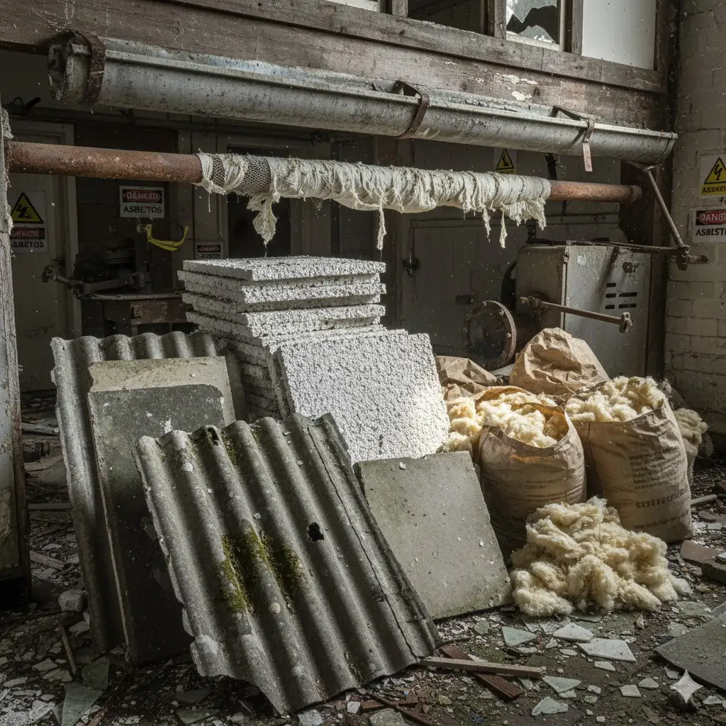 Asbestos materials including corrugated roofing sheets, ceiling tiles, and loose pipe insulation in an abandoned industrial setting.
