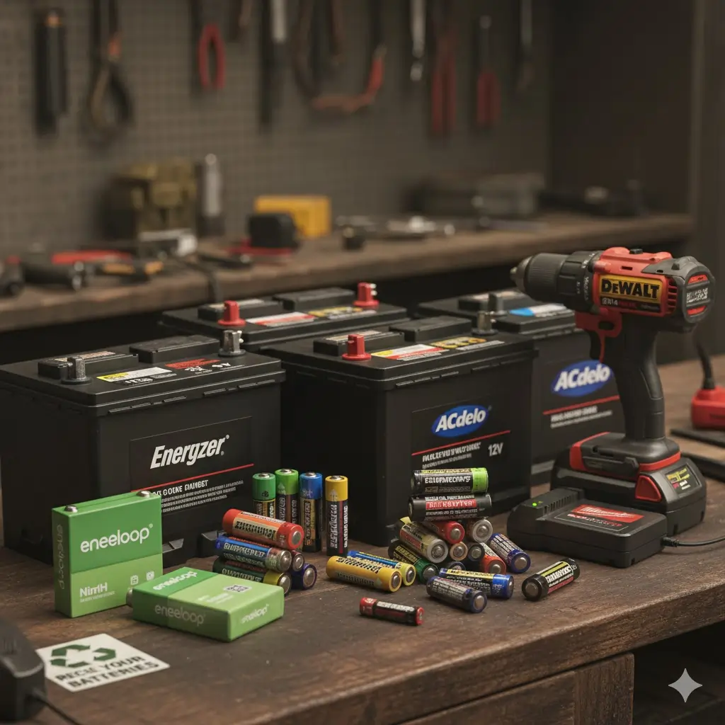 A collection of batteries including car batteries, AA/AAA batteries, rechargeable battery packs, and a power tool battery on a workbench.
