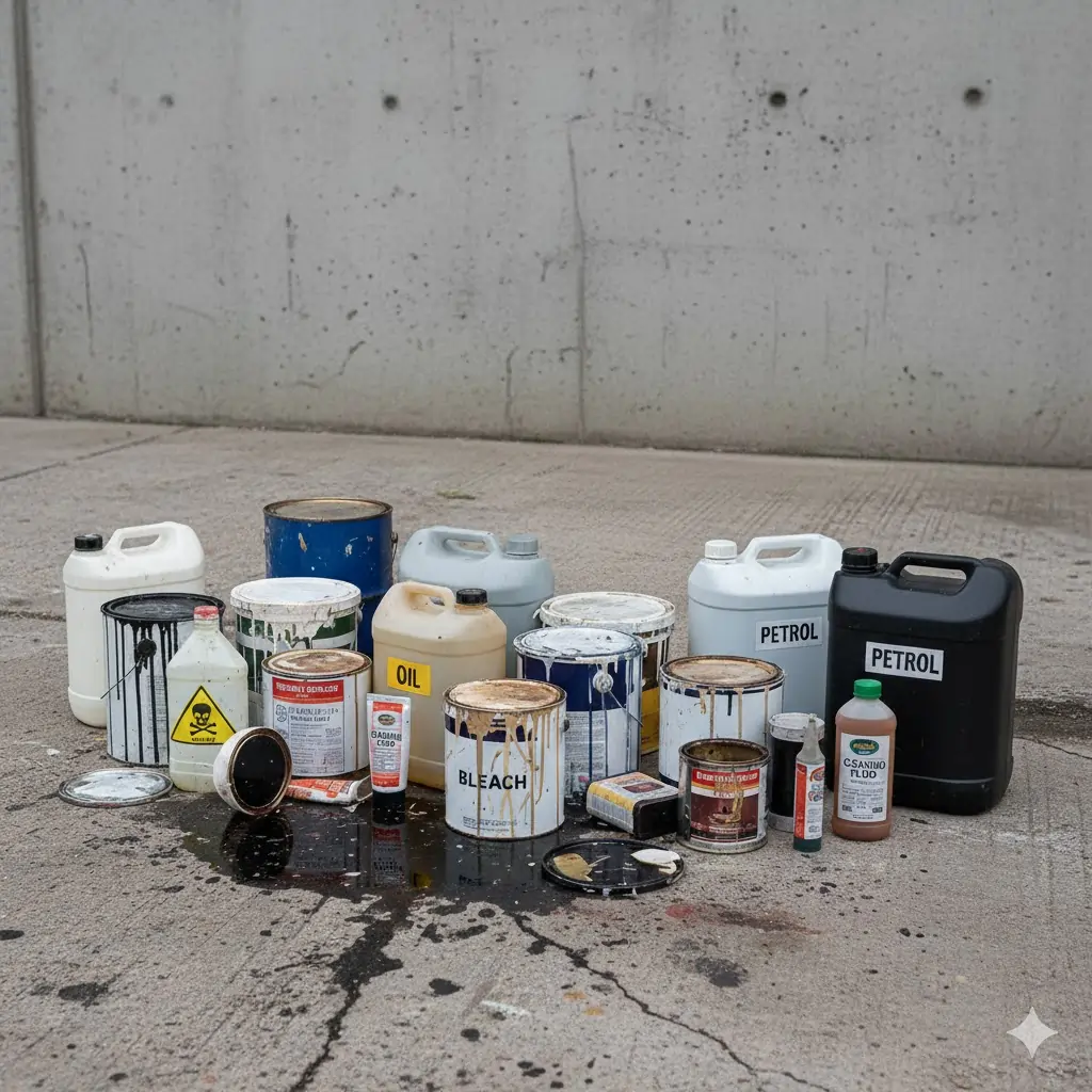 Assortment of containers holding hazardous liquids such as paint, varnish, oil, and cleaning fluids, indicating waste that cannot be placed in a skip.