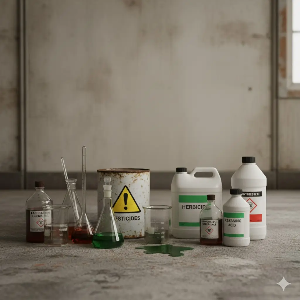 Bottles and containers of various hazardous substances, including liquids labeled as pesticides, antifreeze, and cleaning chemicals, requiring special disposal.