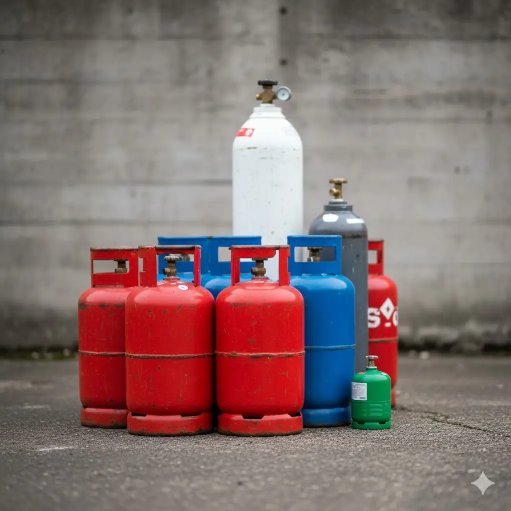A collection of gas cylinders, including large propane tanks and small camping gas canisters, representing prohibited pressurized waste.