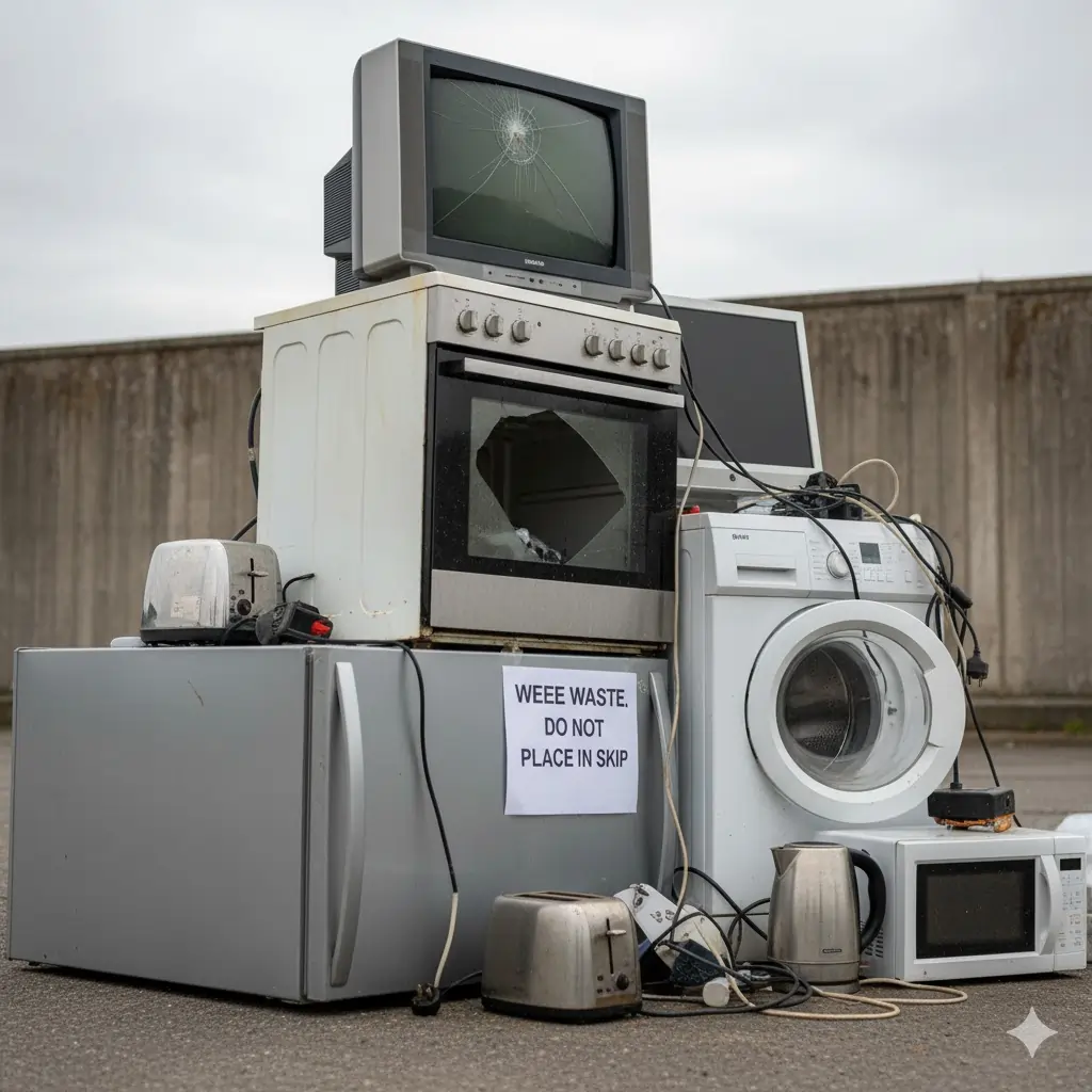 A pile of WEEE waste including large appliances like a washing machine and refrigerator, alongside small appliances such as a toaster and monitor.