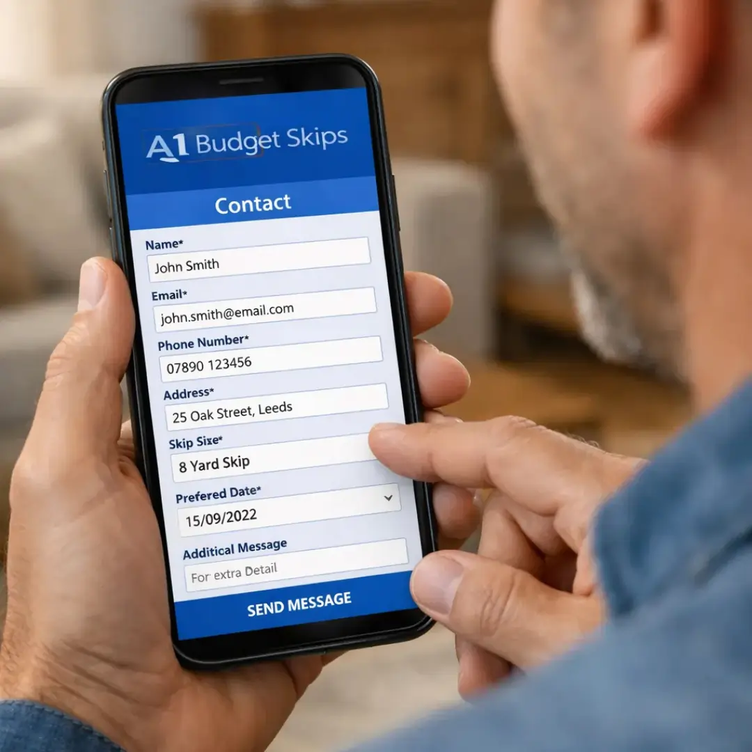 Household owner booking skip hire online through the A1 Budget Skips contact form on a smartphone.