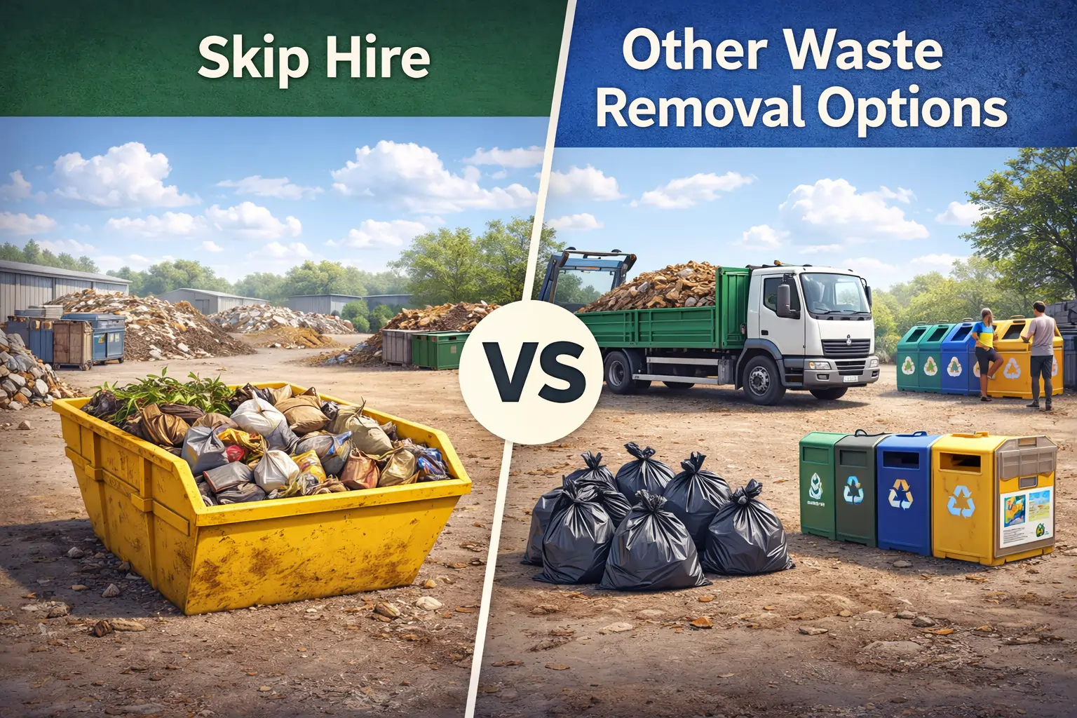 Side-by-side comparison of skip hire and other waste removal options, showing a skip filled with mixed waste versus black rubbish bags, a waste truck, and recycling bins