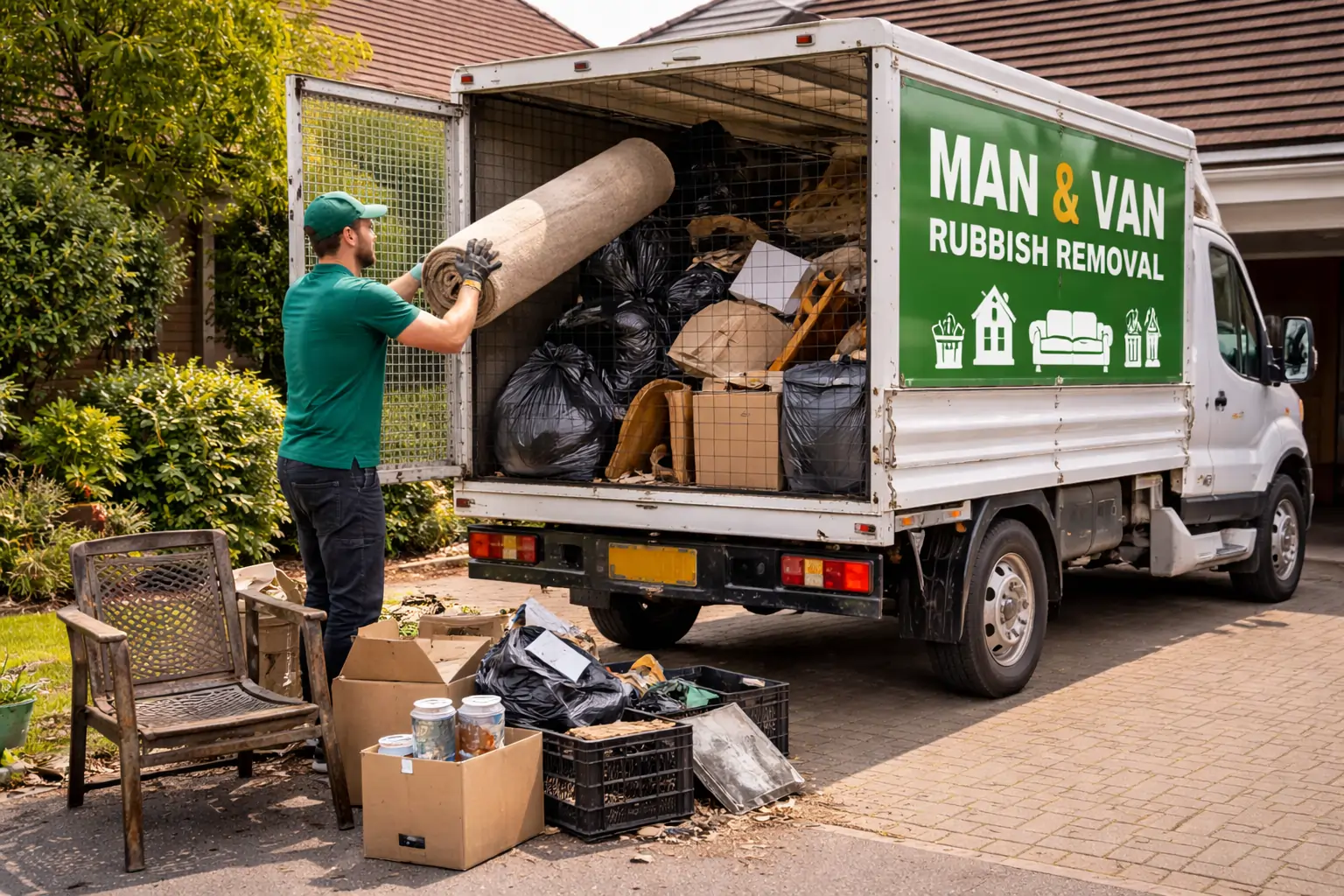 Professional man and van waste removal service in action, worker loading garden and household waste into a branded van, demonstrating efficient skip hire waste solutions.