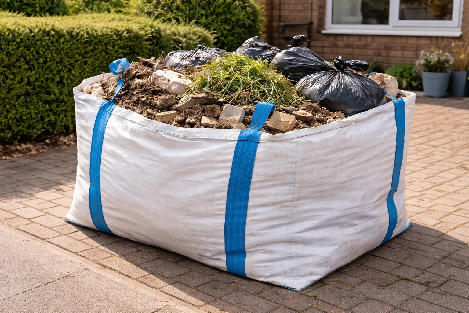Large skip bag filled with garden and construction waste on a driveway, illustrating efficient skip hire waste solutions for home and garden projects.