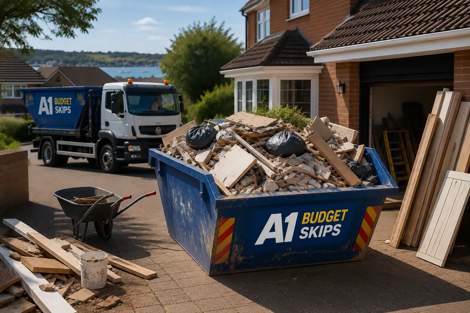 Blue skip bin used for same day skip hire in Poole, suitable for home renovation and waste removal projects with A1 Budget Skips.