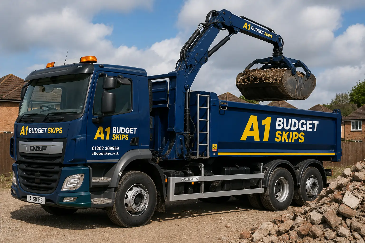 A1 Budget Skips grab hire lorry collecting construction waste and rubble at a project site in Poole.